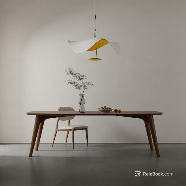 Modern Wooden Dining Table With Chair Hanging Lamp Vase Plant And Fruits 3d model 