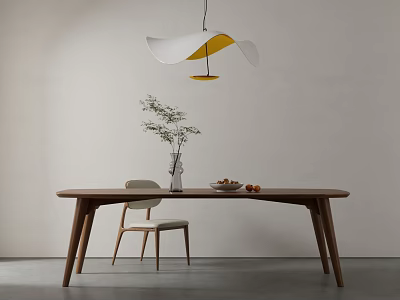 Modern Wooden Dining Table With Chair Hanging Lamp Vase Plant And Fruits 3d model