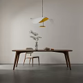 Modern Wooden Dining Table With Chair Hanging Lamp Vase Plant And Fruits