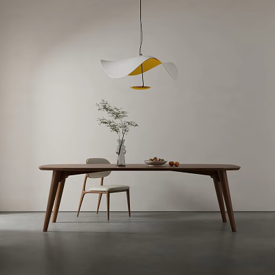 Modern Wooden Dining Table With Chair Hanging Lamp Vase Plant And Fruits 3d model