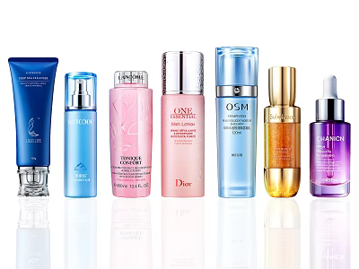 Different Types Of Skincare Products With Colorful Bottles And Beauty Items 3d model
