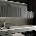 Gray Cabinets In Modern Kitchen Interior With Ribbed Backsplash Black Range Hood And Island