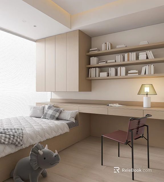 Light Wood Tatami Bedroom Interior With Bookshelves Desk And Table Lamp 3d model 