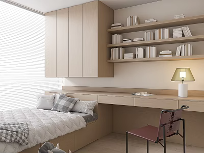 Light Wood Tatami Bedroom Interior With Bookshelves Desk And Table Lamp 3d model