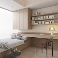 Light Wood Tatami Bedroom Interior With Bookshelves Desk And Table Lamp