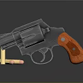 Black Body Revolver With Wooden Grip And Bullets On Reflective Surface