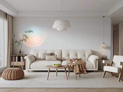 Modern Living Room Interior With Beige Sofa Throw Pillows Projected Sunset Green Plant And Striped Rug 3d model