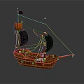 Vintage Wooden Model Ship With Black Sails And Detailed Craftsmanship