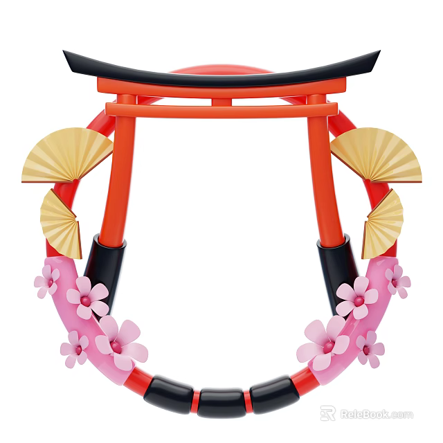 Japanese Style Decorative Ornament Set With Red Torii Gate Golden Fans And Pink Cherry Blossoms 3d model 