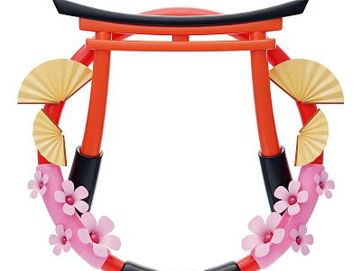 Japanese Style Decorative Ornament Set With Red Torii Gate Golden Fans And Pink Cherry Blossoms 3d model