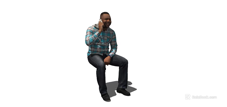 A Man Sitting And Talking On The Phone With Plaid Shirt And Jeans 3d model 