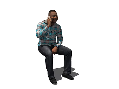 A Man Sitting And Talking On The Phone With Plaid Shirt And Jeans 3d model