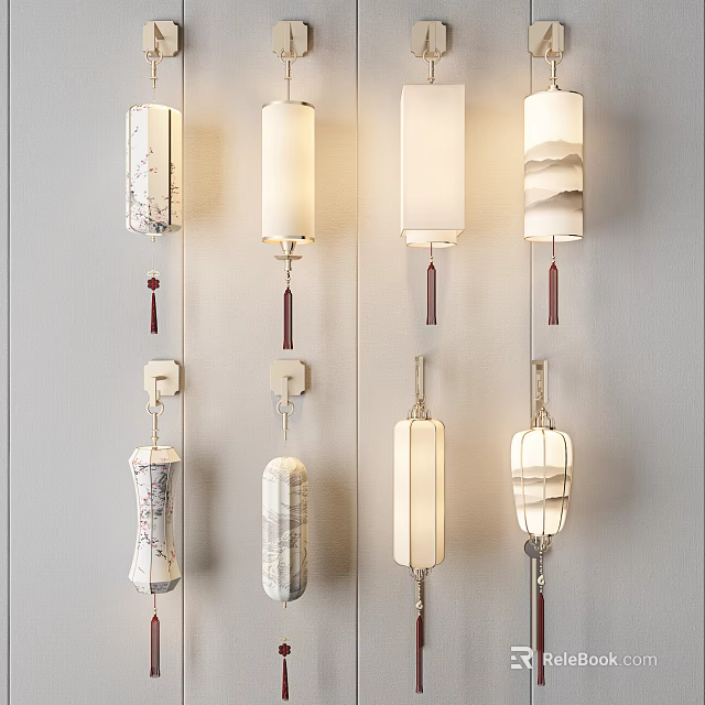Creative Wall Lamp Designs With Fabric Shades Ceramic Bases And Tassel Decorations 3d model 