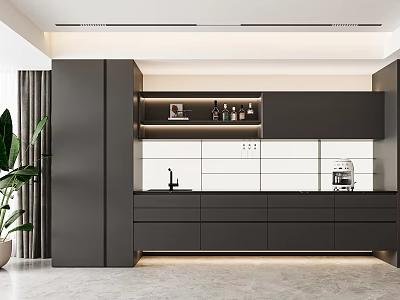 Modern Kitchen Interior With Stylish Black Wine Cabinet Featuring LED Lighting And Wine Bottles 3d model