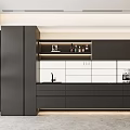 Modern Kitchen Interior With Stylish Black Wine Cabinet Featuring LED Lighting And Wine Bottles
