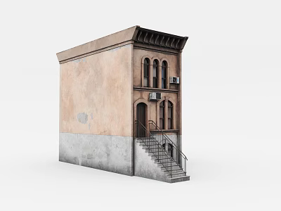 Old Building With Brick Red Facade Gray Base And Arched Windows Door Stairs 3d model