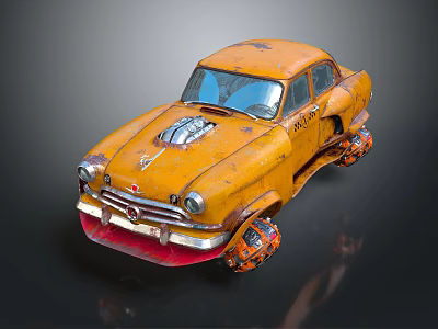 Vintage Yellow Rusty Car With Exposed Engine And Modified Wheels Design 3d model