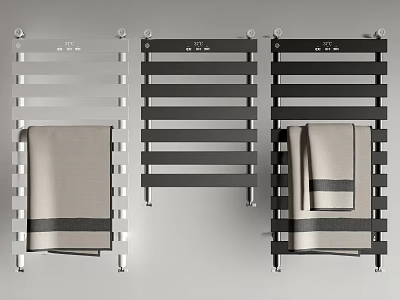 Three Modern Bathroom Towel Racks in Silver Black with Hanging Towels 3d model