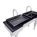 Double Sink Bathroom Vanity With Black Countertop White Cabinet And Chrome Faucets