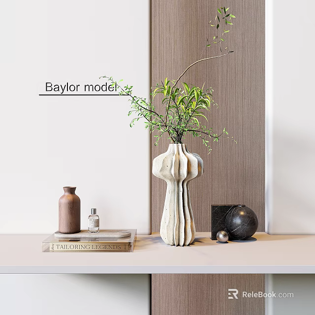 Modern Decorative Ornament Set With Vase Green Foliage Bottle Book Black Sphere On White Tabletop 3d model 