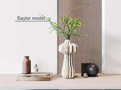 Modern Decorative Ornament Set With Vase Green Foliage Bottle Book Black Sphere On White Tabletop 3d model