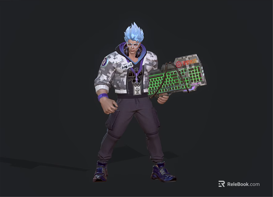 Game and Movie Character with Blue Hair Patterned Jacket Purple Shoes Holding Green Lettered Board 3d model 