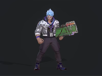 Game and Movie Character with Blue Hair Patterned Jacket Purple Shoes Holding Green Lettered Board 3d model