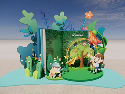 Vibrant Kids Photo Spot With Open Book Green Plants Flowers And Playground Elements 3d model
