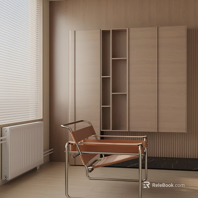 Modern Leather Leisure Chair with Metal Frame Beside Wooden Cabinet and Window Blinds 3d model 