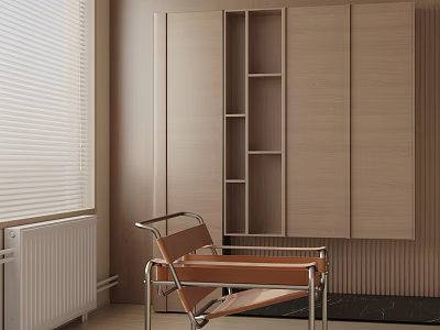 Modern Leather Leisure Chair with Metal Frame Beside Wooden Cabinet and Window Blinds 3d model