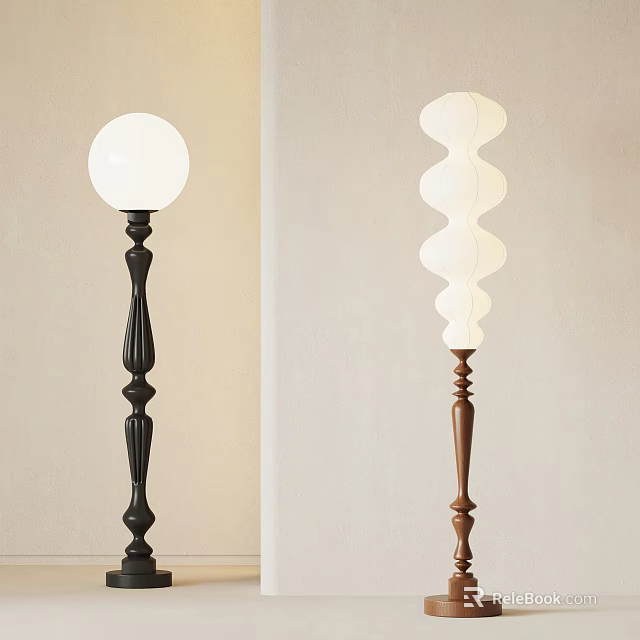 Modern Floor Lamps With Black And Brown Stands Spherical And Spiral White Shades 3d model 