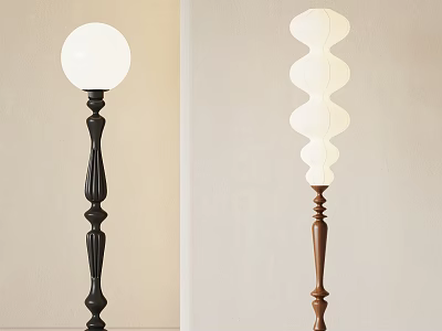 Modern Floor Lamps With Black And Brown Stands Spherical And Spiral White Shades 3d model