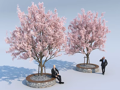 Pink Flowering Trees With Stone Base And People In Outdoor Scene 3d model