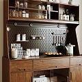 Wooden Sideboard With Open Shelves Perforated Back Panel Hanging Utensils Drawers And Glass Doors