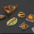 Various Bread Varieties With Different Shapes On Plates And Trays Dark Background