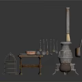 Vintage Kitchen Scene With Antique Stove Wooden Table Metal Utensils And Kettle