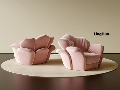 Pink Single Sofas With Unique Curved Design On Round Rug In Minimalist Room 3d model