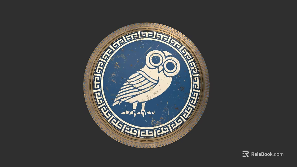 Ancient Greek Style Decorative Circular Shield Weapon With White Owl And Ornate Border 3d model 