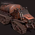 Heavy Duty Rusty Tracked Utility Vehicle With Armored Body And Off Road Tracks