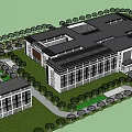 Modern Office Building Complex With Greenery Trees And Parking Lot Design 3d model