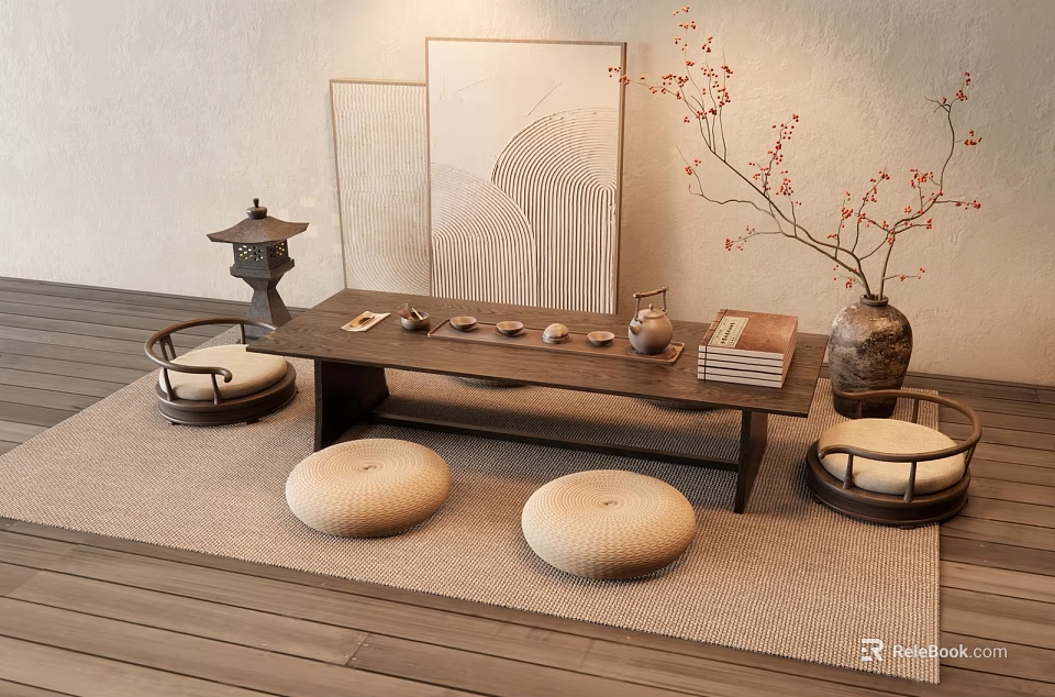 Traditional Chinese Tea Table with Round Floor Cushions and Zen Tea Decorations 3d model 
