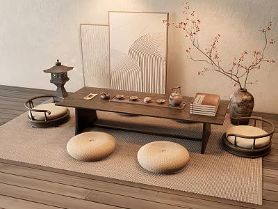 Traditional Chinese Tea Table with Round Floor Cushions and Zen Tea Decorations 3d model