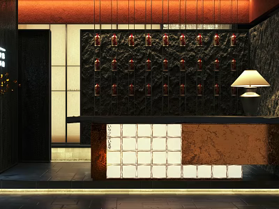 Modern Hotel Lobby Interior With Reception Desk Pendant Lights And Decorative Wall 3d model