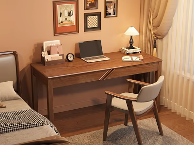 Cozy Bedroom Wooden Desk With Laptop Lamp Books Picture Frames And Clock 3d model