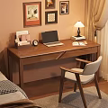 Cozy Bedroom Wooden Desk With Laptop Lamp Books Picture Frames And Clock