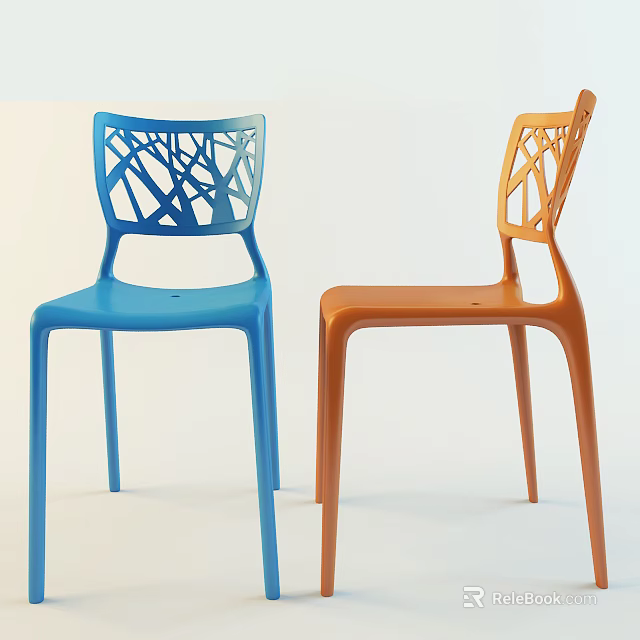 Modern Blue and Orange Dining Chairs with Intricate Cutout Backrest Design 3d model 