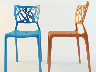 Modern Blue and Orange Dining Chairs with Intricate Cutout Backrest Design 3d model