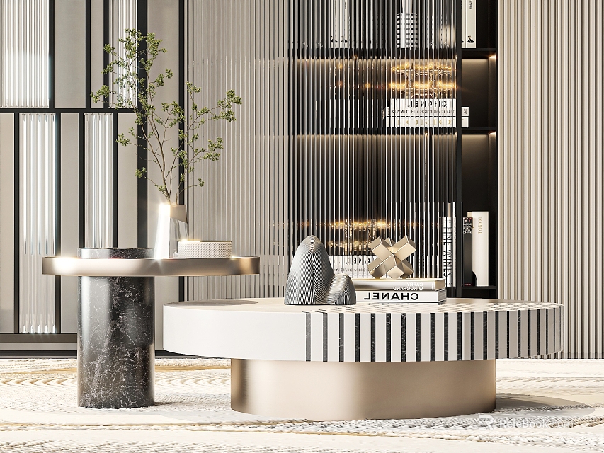 Modern Coffee Table With Marble Top And Metal Frame In Elegant Living Room Decor 3d model 