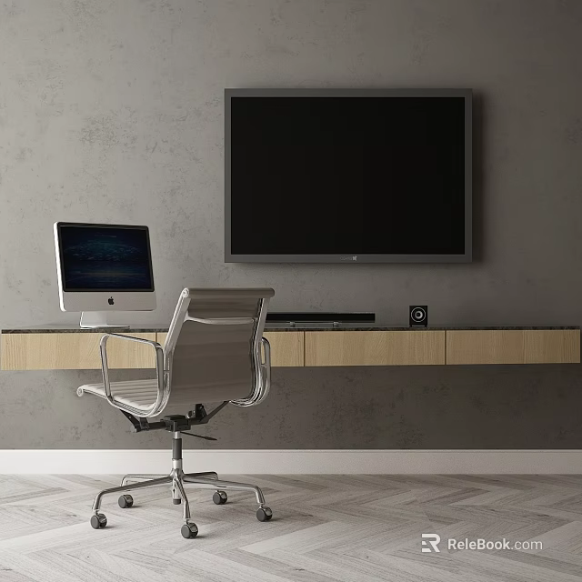 Modern Wooden Desk With Apple Computer Silver Chair And Large Screen TV On Gray Wall 3d model 