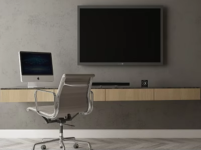 Modern Wooden Desk With Apple Computer Silver Chair And Large Screen TV On Gray Wall 3d model